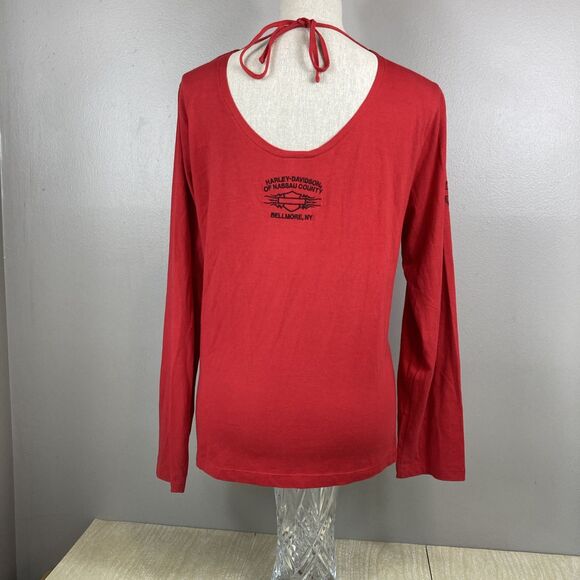 Women's Red Long Sleeve Embroidered Harley-Davidson Top Shirt Sz XL Bellmore NY - Picture 5 of 11